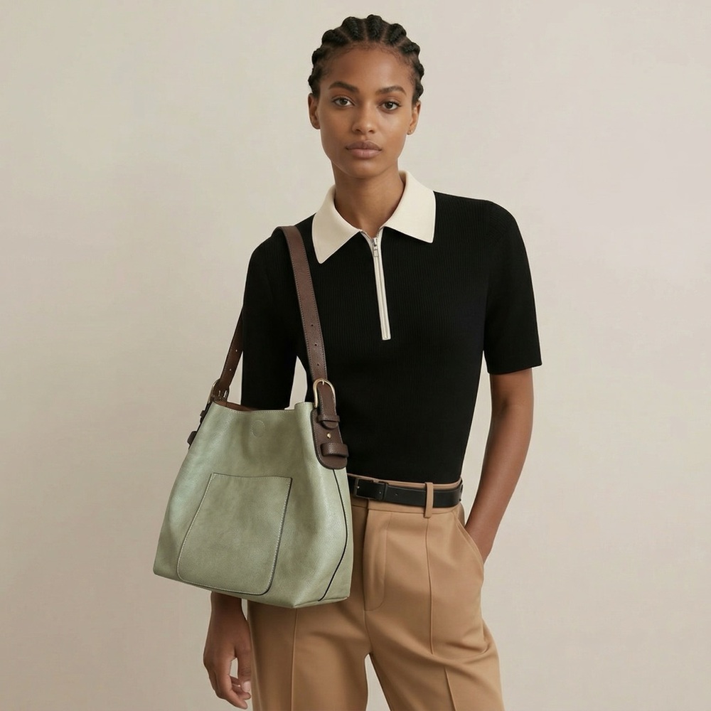Leather Bucket Shoulder Bag in Sage Green